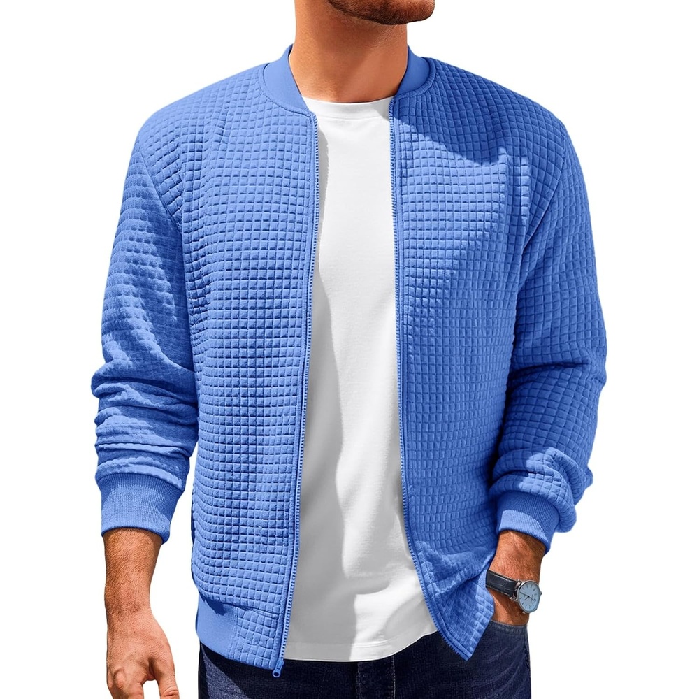 image:imageRuncati Mens Bomber Jacket Casual Lightweight Varsity Jackets Waffle Coat Full zip Long sleeve Regulat fit Warm Chunky Side pockets Outwear Fall winter clothingBlue