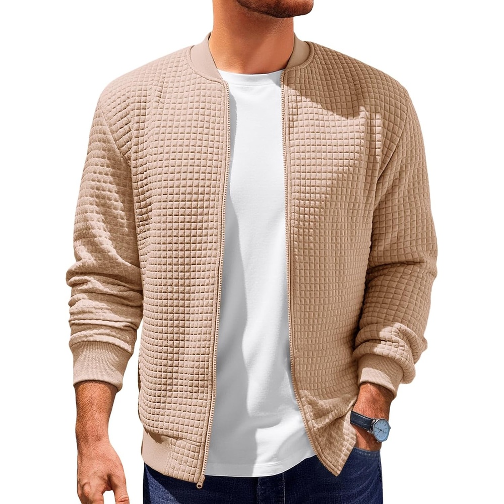 image:imageRuncati Mens Bomber Jacket Casual Lightweight Varsity Jackets Waffle Coat Full zip Long sleeve Regulat fit Warm Chunky Side pockets Outwear Fall winter clothingKhaki