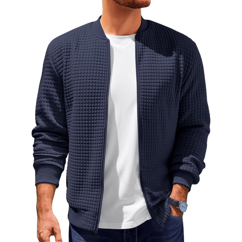 image:imageRuncati Mens Bomber Jacket Casual Lightweight Varsity Jackets Waffle Coat Full zip Long sleeve Regulat fit Warm Chunky Side pockets Outwear Fall winter clothingNavy