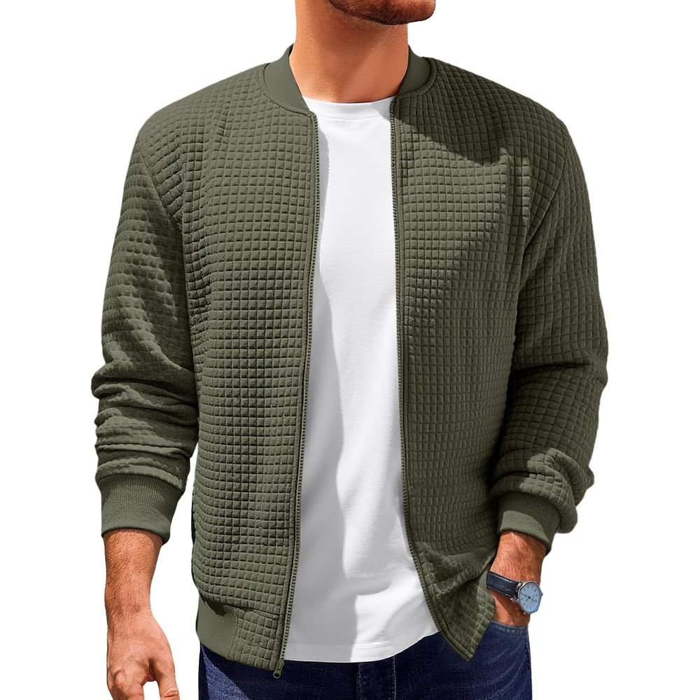 image:imageRuncati Mens Bomber Jacket Casual Lightweight Varsity Jackets Waffle Coat Full zip Long sleeve Regulat fit Warm Chunky Side pockets Outwear Fall winter clothingArmy Green