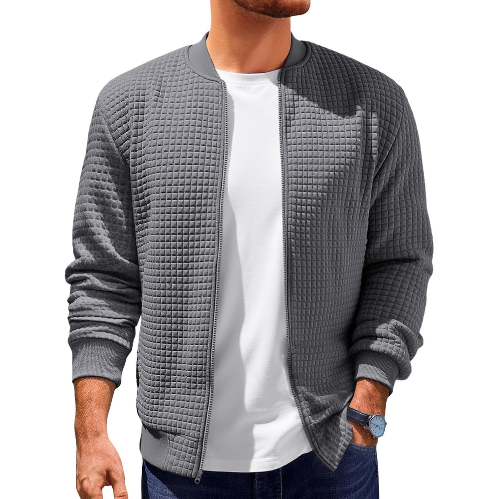 image:imageRuncati Mens Bomber Jacket Casual Lightweight Varsity Jackets Waffle Coat Full zip Long sleeve Regulat fit Warm Chunky Side pockets Outwear Fall winter clothingDark Gray
