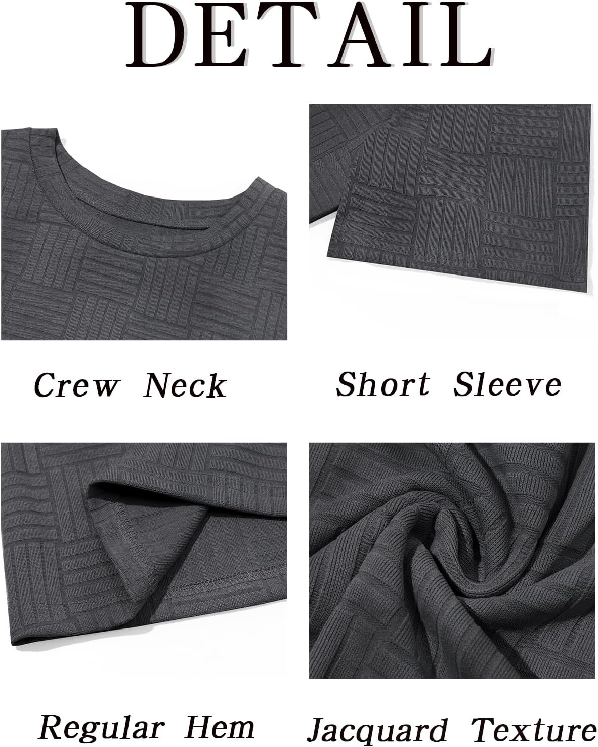 image:imageRuncati Mens Casual TShirts Short Sleeve Crew Neck Summer Stretchy Shirt Textured Jacquard TopsDark Grey