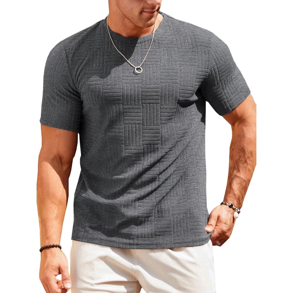 image:imageRuncati Mens Casual TShirts Short Sleeve Crew Neck Summer Stretchy Shirt Textured Jacquard TopsDark Grey