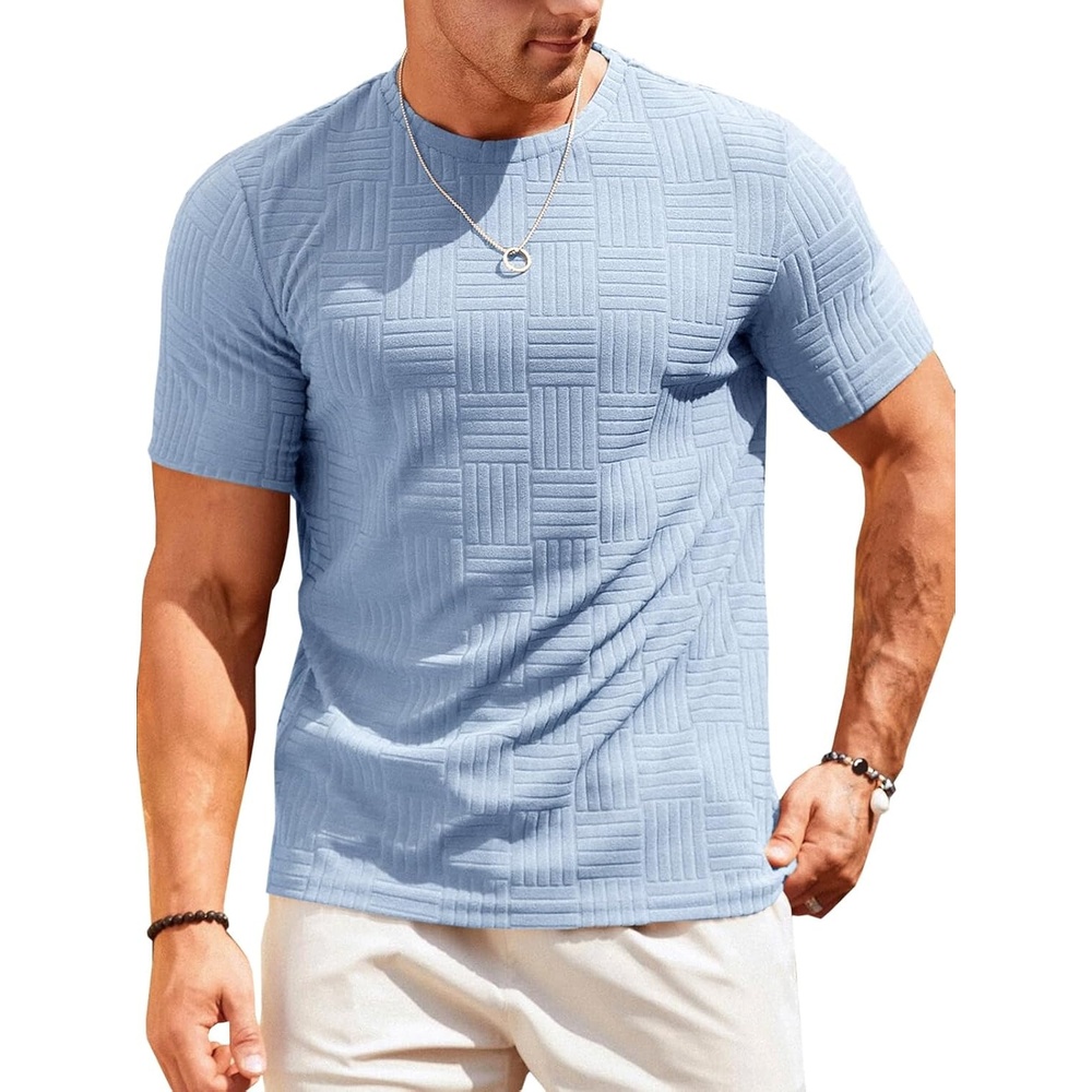 image:imageRuncati Mens Casual TShirts Short Sleeve Crew Neck Summer Stretchy Shirt Textured Jacquard TopsSky Blue