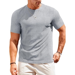 Runcati Men’s Casual T-Shirts Short Sleeve | Crew Neck, Summer, Stretchy Shirt, Textured Jacquard Tops(Grey)