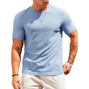 Runcati Men’s Casual T-Shirts Short Sleeve | Crew Neck, Summer, Stretchy Shirt, Textured Jacquard Tops(Sky Blue)