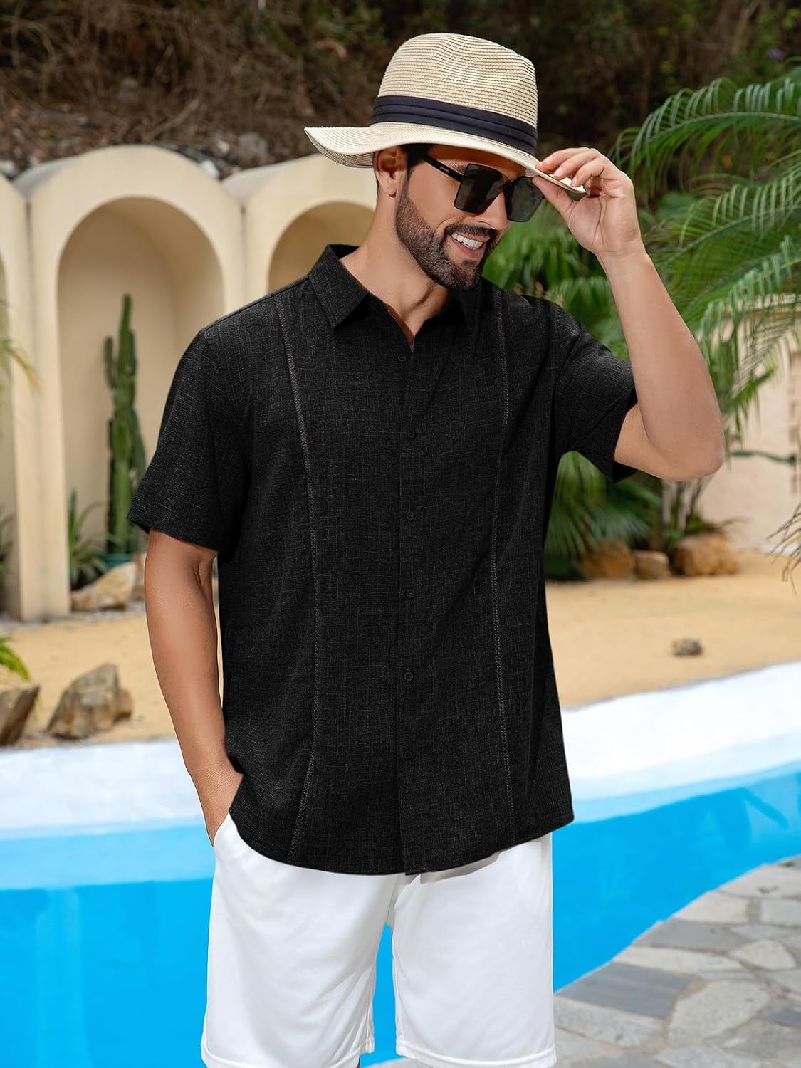 image:imageRuncati Mens Short Sleeve Guayabera Shirts Cuban Button Down Casual Shirt Summer Vacation Wedding Embroidered Linen TopsBlack