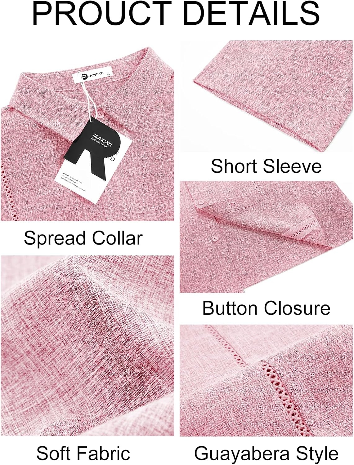 image:imageRuncati Mens Short Sleeve Guayabera Shirts Cuban Button Down Casual Shirt Summer Vacation Wedding Embroidered Linen TopsPink