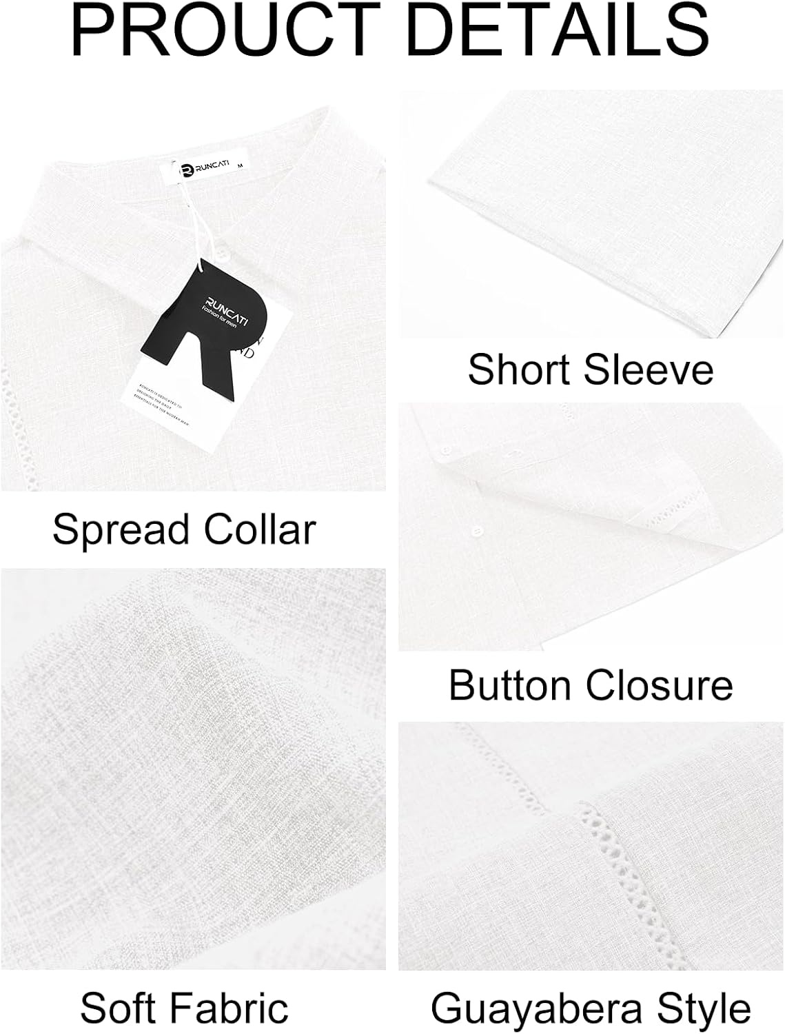image:imageRuncati Mens Short Sleeve Guayabera Shirts Cuban Button Down Casual Shirt Summer Vacation Wedding Embroidered Linen TopsWhite