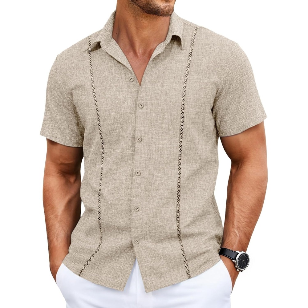 image:imageRuncati Mens Short Sleeve Guayabera Shirts Cuban Button Down Casual Shirt Summer Vacation Wedding Embroidered Linen TopsLight Khaki
