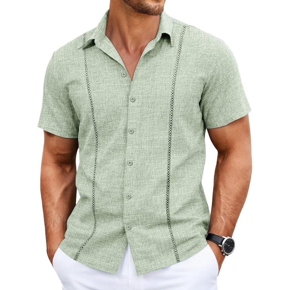 image:imageRuncati Mens Short Sleeve Guayabera Shirts Cuban Button Down Casual Shirt Summer Vacation Wedding Embroidered Linen TopsOlive Green