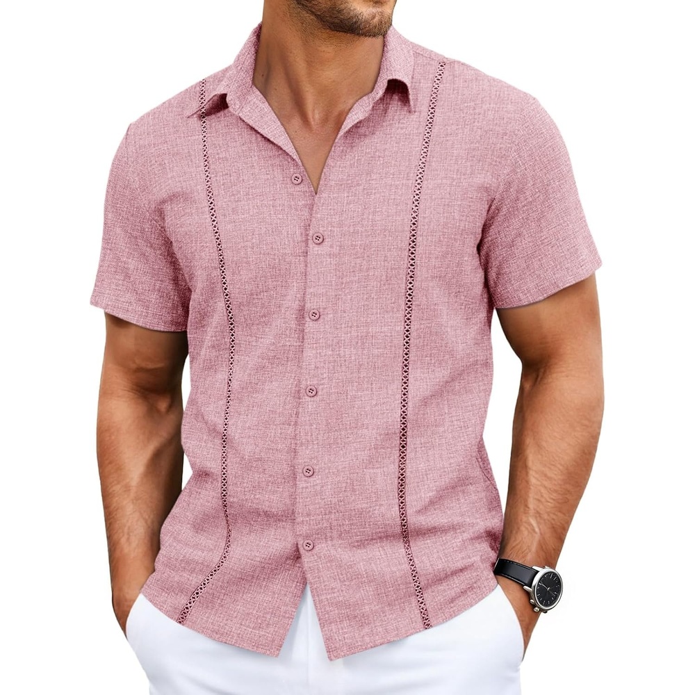 image:imageRuncati Mens Short Sleeve Guayabera Shirts Cuban Button Down Casual Shirt Summer Vacation Wedding Embroidered Linen TopsPink