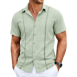 Runcati Mens Short Sleeve Guayabera Shirts Cuban Button Down Casual Shirt | Summer Vacation Wedding Embroidered Linen Tops(Olive Green)