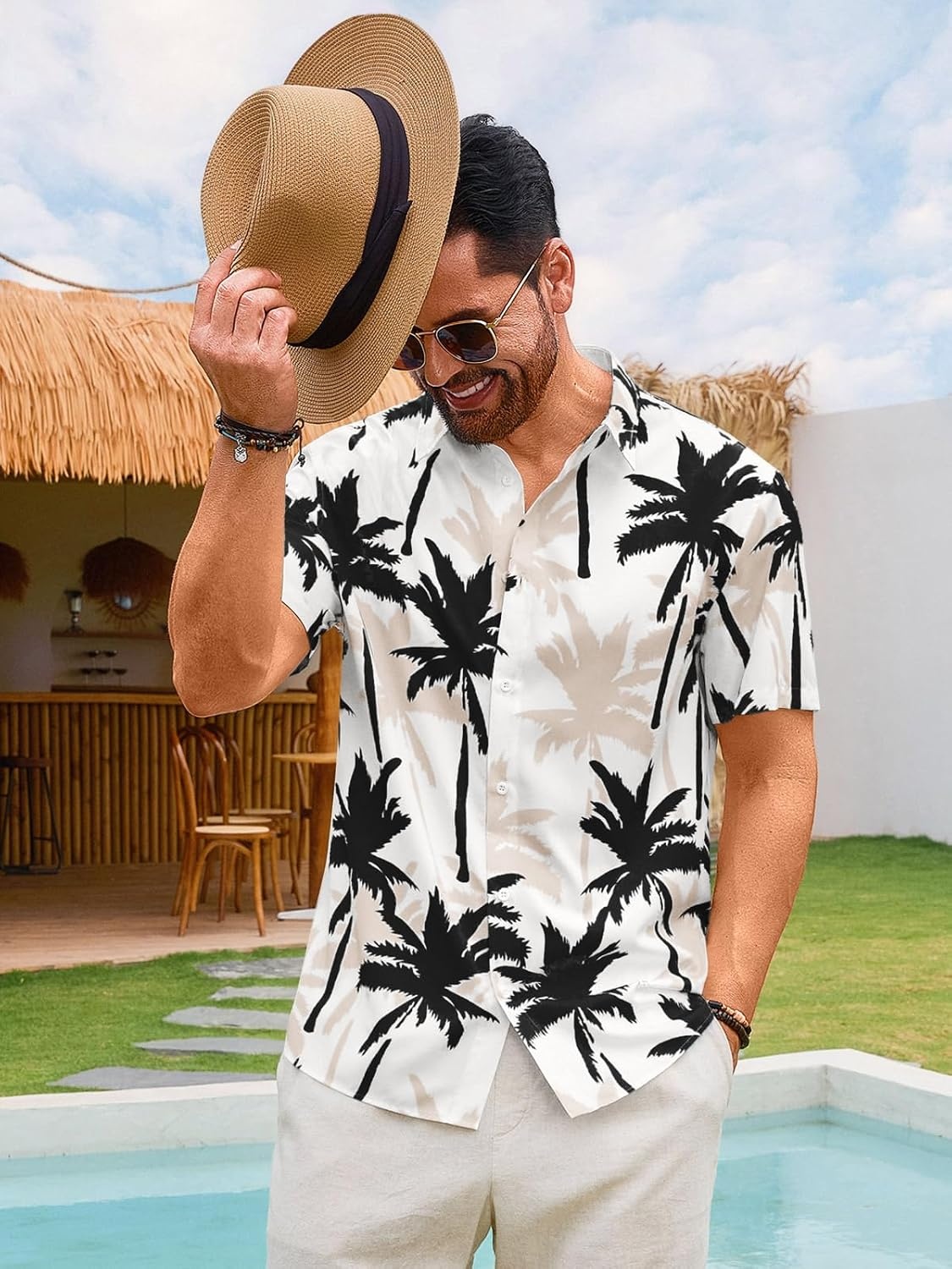 image:imageRuncati Mens Hawaiian Button Down Shirts Short Sleeve Tropical Shirt Graphic Palm Tree Printed Summer Beach TopsBlack