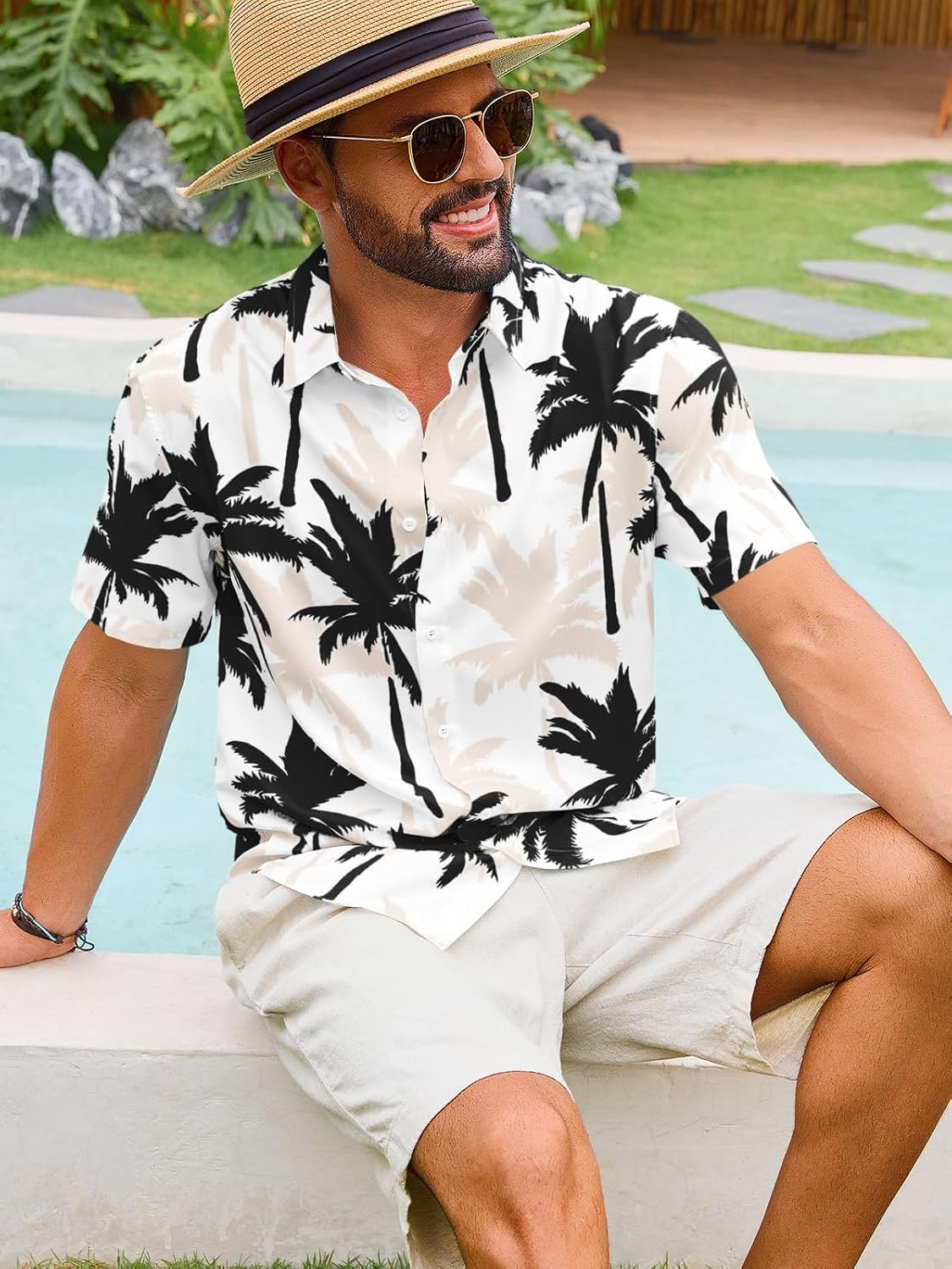 image:imageRuncati Mens Hawaiian Button Down Shirts Short Sleeve Tropical Shirt Graphic Palm Tree Printed Summer Beach TopsBlack