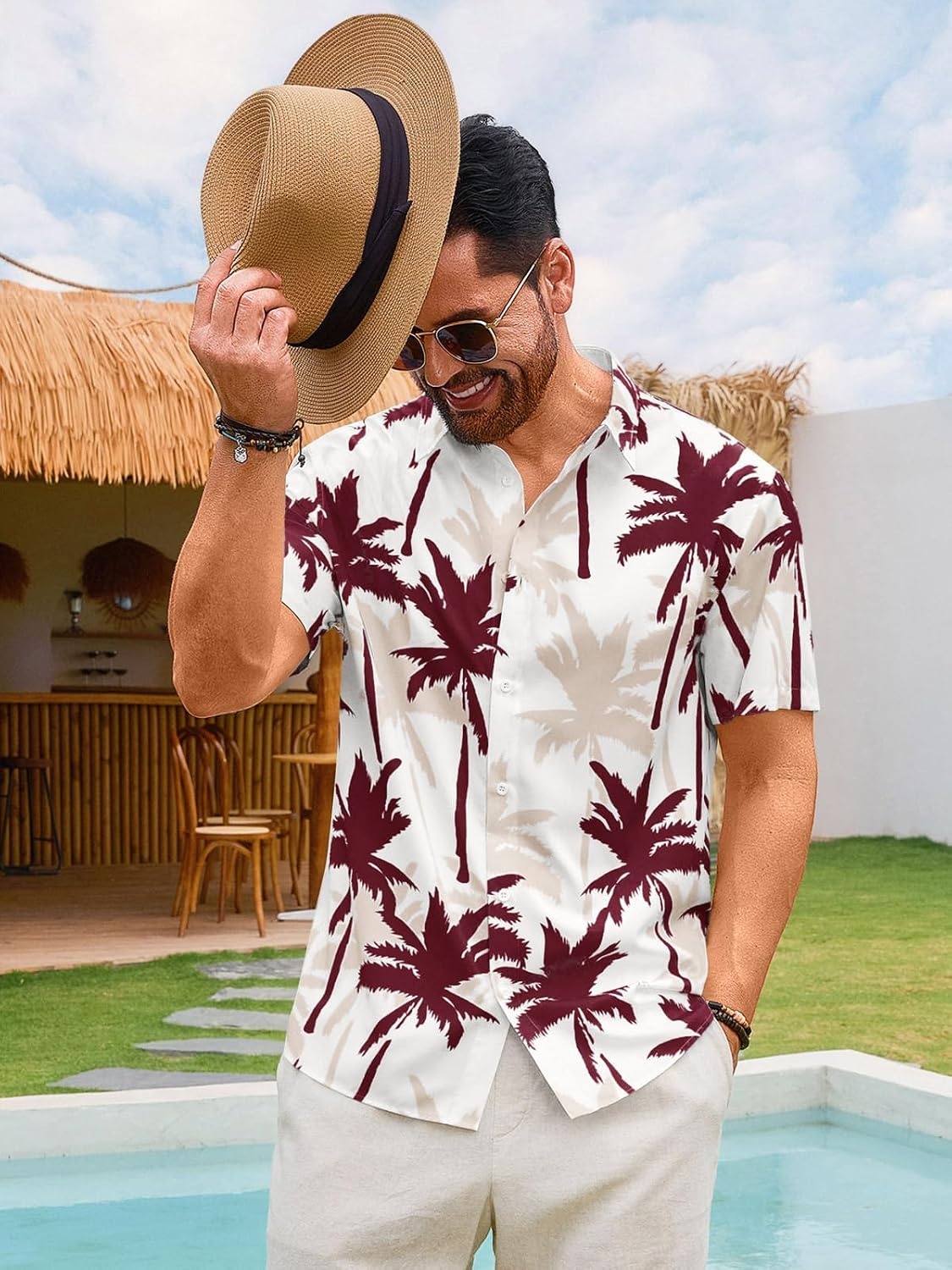 image:imageRuncati Mens Hawaiian Button Down Shirts Short Sleeve Tropical Shirt Graphic Palm Tree Printed Summer Beach TopsBurgundy
