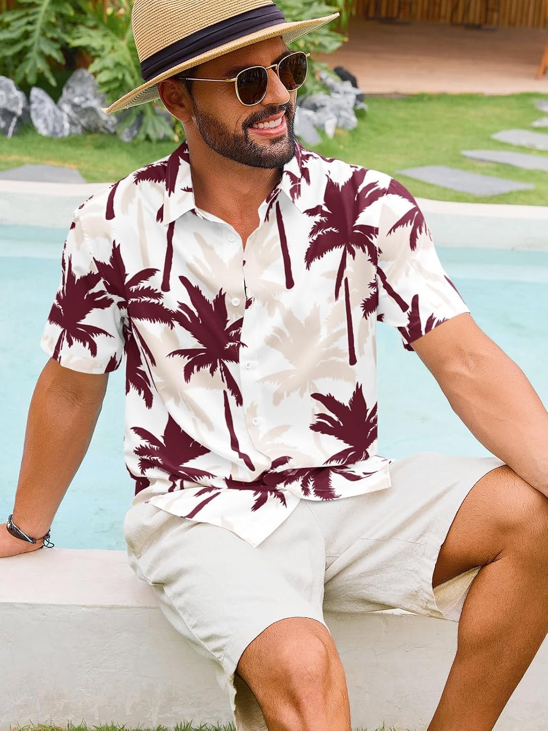 image:imageRuncati Mens Hawaiian Button Down Shirts Short Sleeve Tropical Shirt Graphic Palm Tree Printed Summer Beach TopsBurgundy