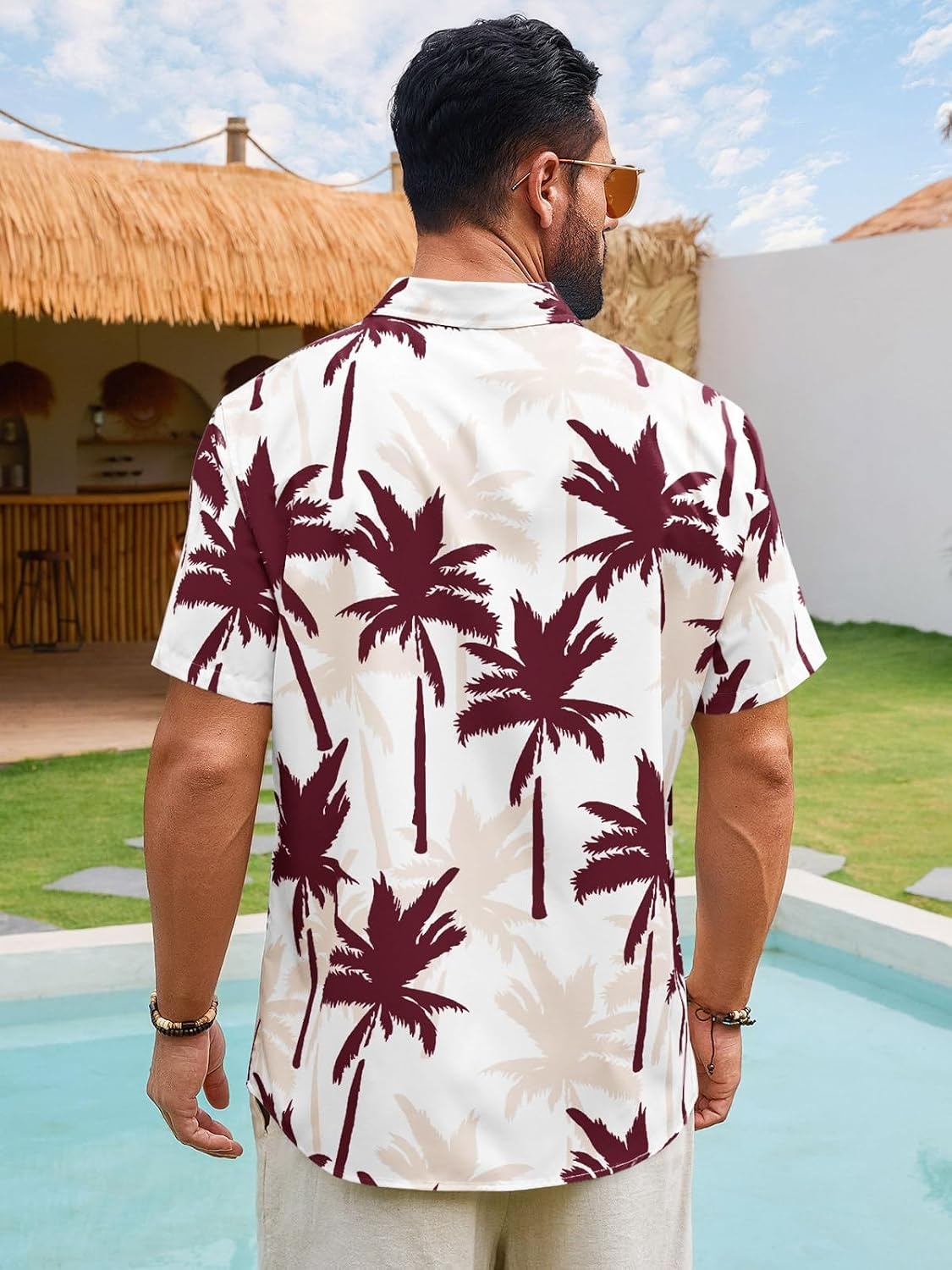 image:imageRuncati Mens Hawaiian Button Down Shirts Short Sleeve Tropical Shirt Graphic Palm Tree Printed Summer Beach TopsBurgundy