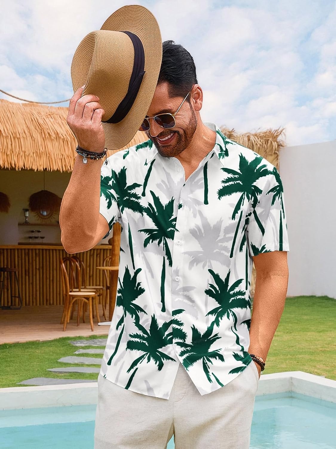 image:imageRuncati Mens Hawaiian Button Down Shirts Short Sleeve Tropical Shirt Graphic Palm Tree Printed Summer Beach TopsDark Green
