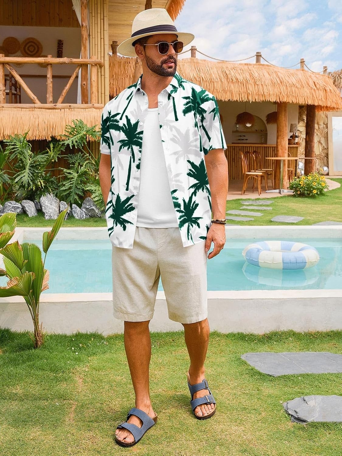 image:imageRuncati Mens Hawaiian Button Down Shirts Short Sleeve Tropical Shirt Graphic Palm Tree Printed Summer Beach TopsDark Green