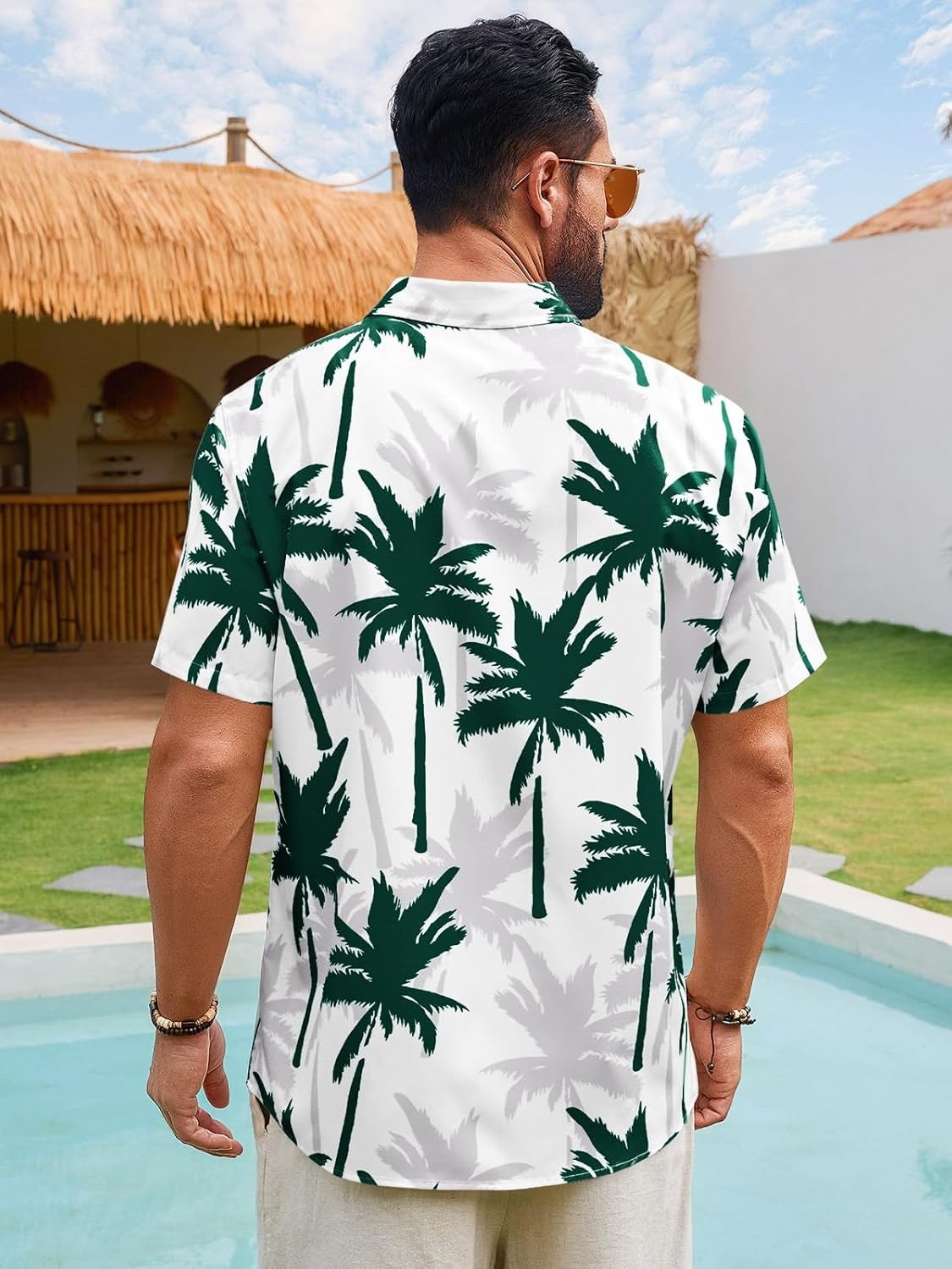 image:imageRuncati Mens Hawaiian Button Down Shirts Short Sleeve Tropical Shirt Graphic Palm Tree Printed Summer Beach TopsDark Green