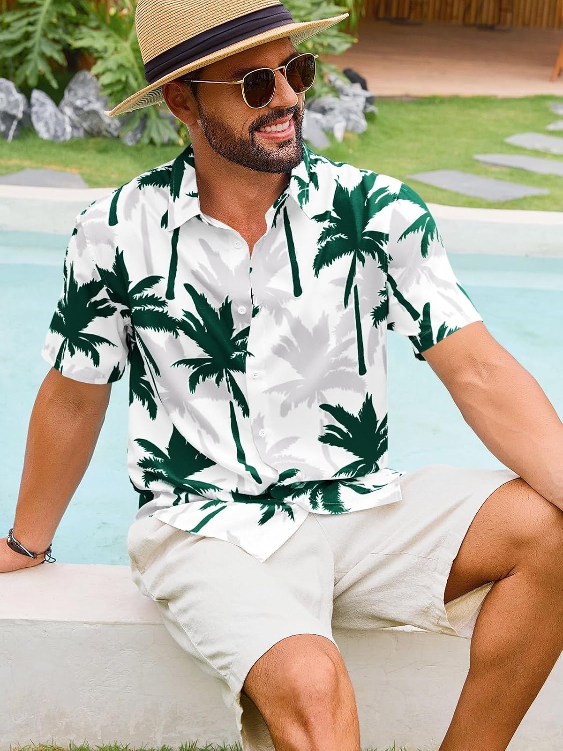 image:imageRuncati Mens Hawaiian Button Down Shirts Short Sleeve Tropical Shirt Graphic Palm Tree Printed Summer Beach TopsDark Green