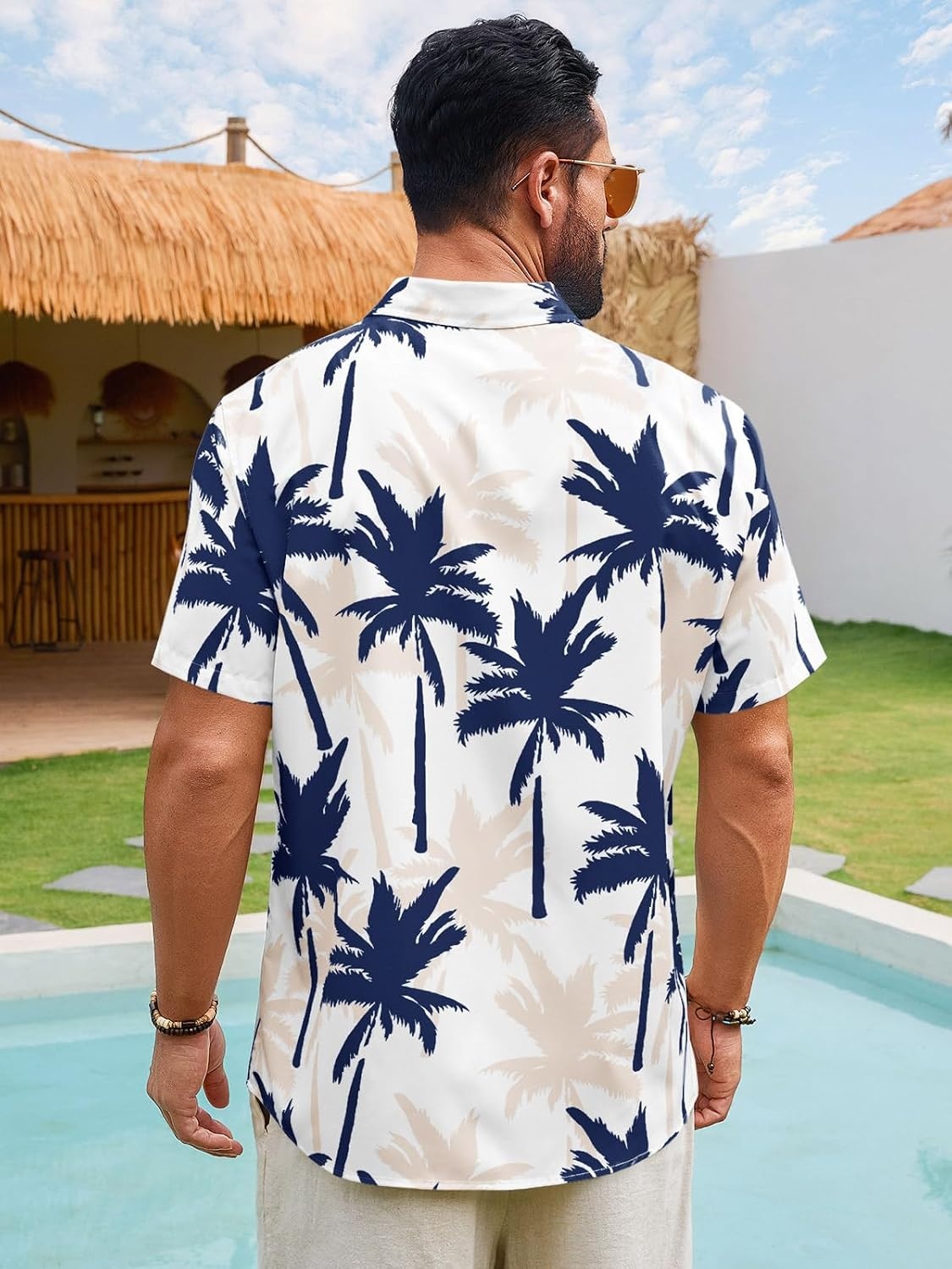 image:imageRuncati Mens Hawaiian Button Down Shirts Short Sleeve Tropical Shirt Graphic Palm Tree Printed Summer Beach TopsNavy