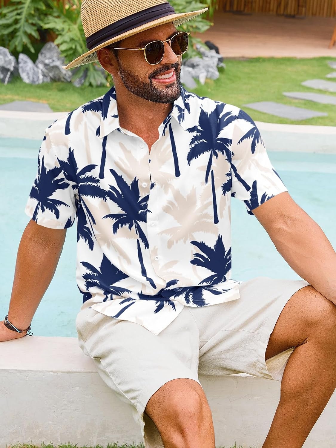image:imageRuncati Mens Hawaiian Button Down Shirts Short Sleeve Tropical Shirt Graphic Palm Tree Printed Summer Beach TopsNavy