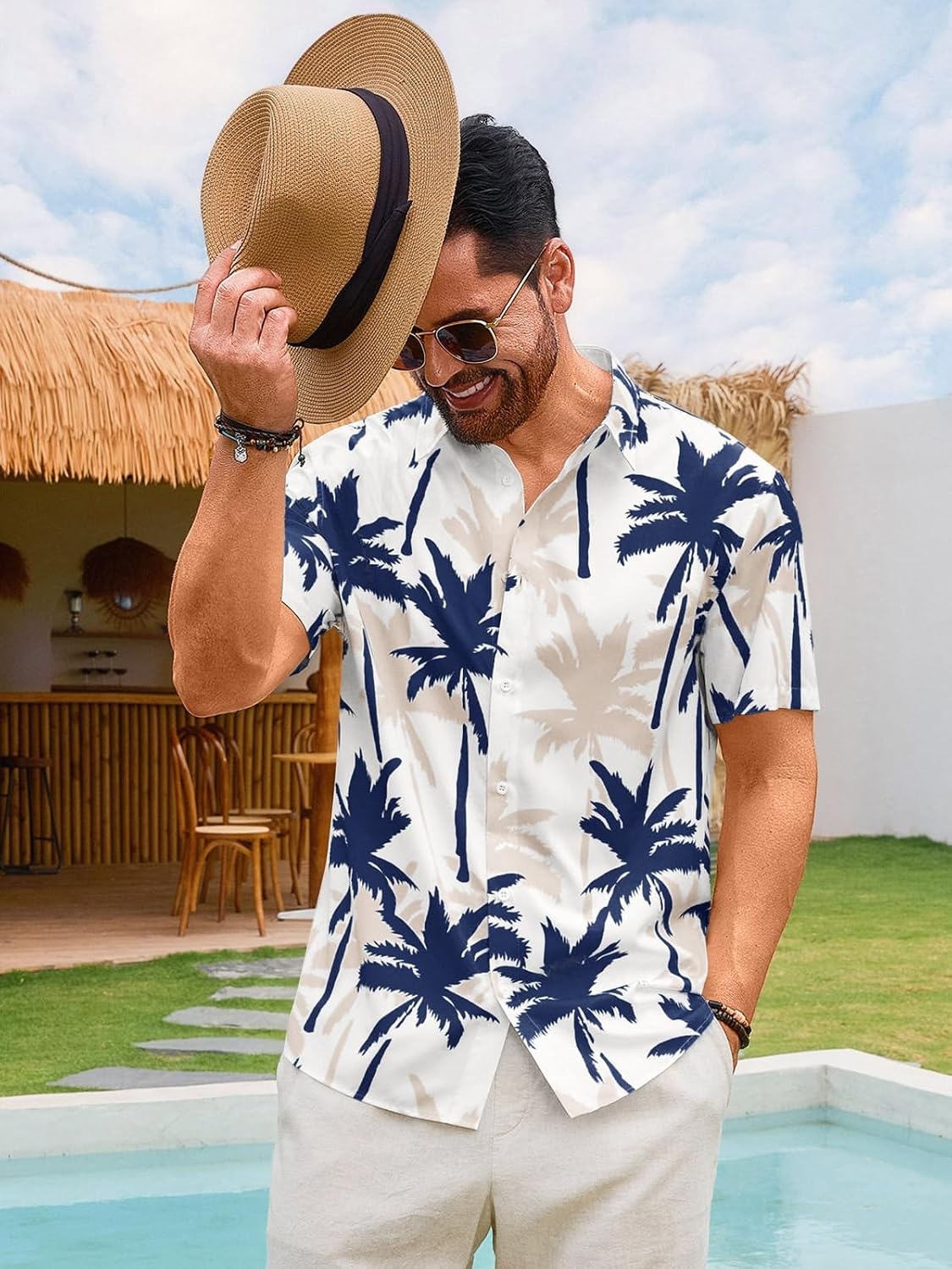 image:imageRuncati Mens Hawaiian Button Down Shirts Short Sleeve Tropical Shirt Graphic Palm Tree Printed Summer Beach TopsNavy