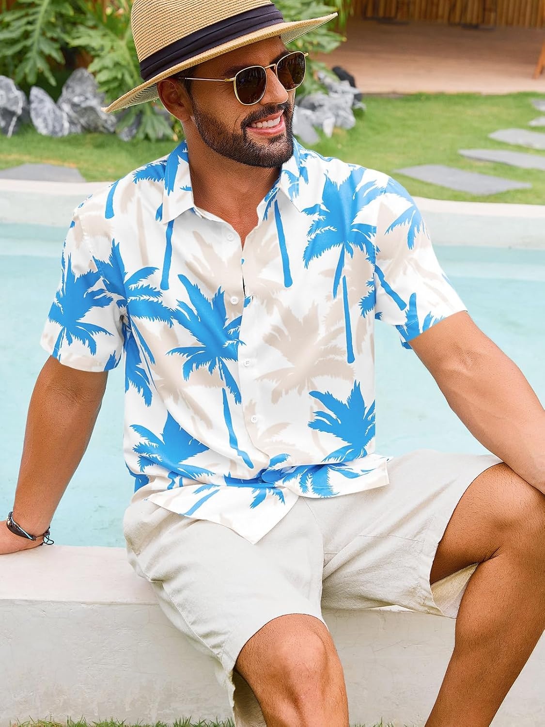 image:imageRuncati Mens Hawaiian Button Down Shirts Short Sleeve Tropical Shirt Graphic Palm Tree Printed Summer Beach TopsSky Blue