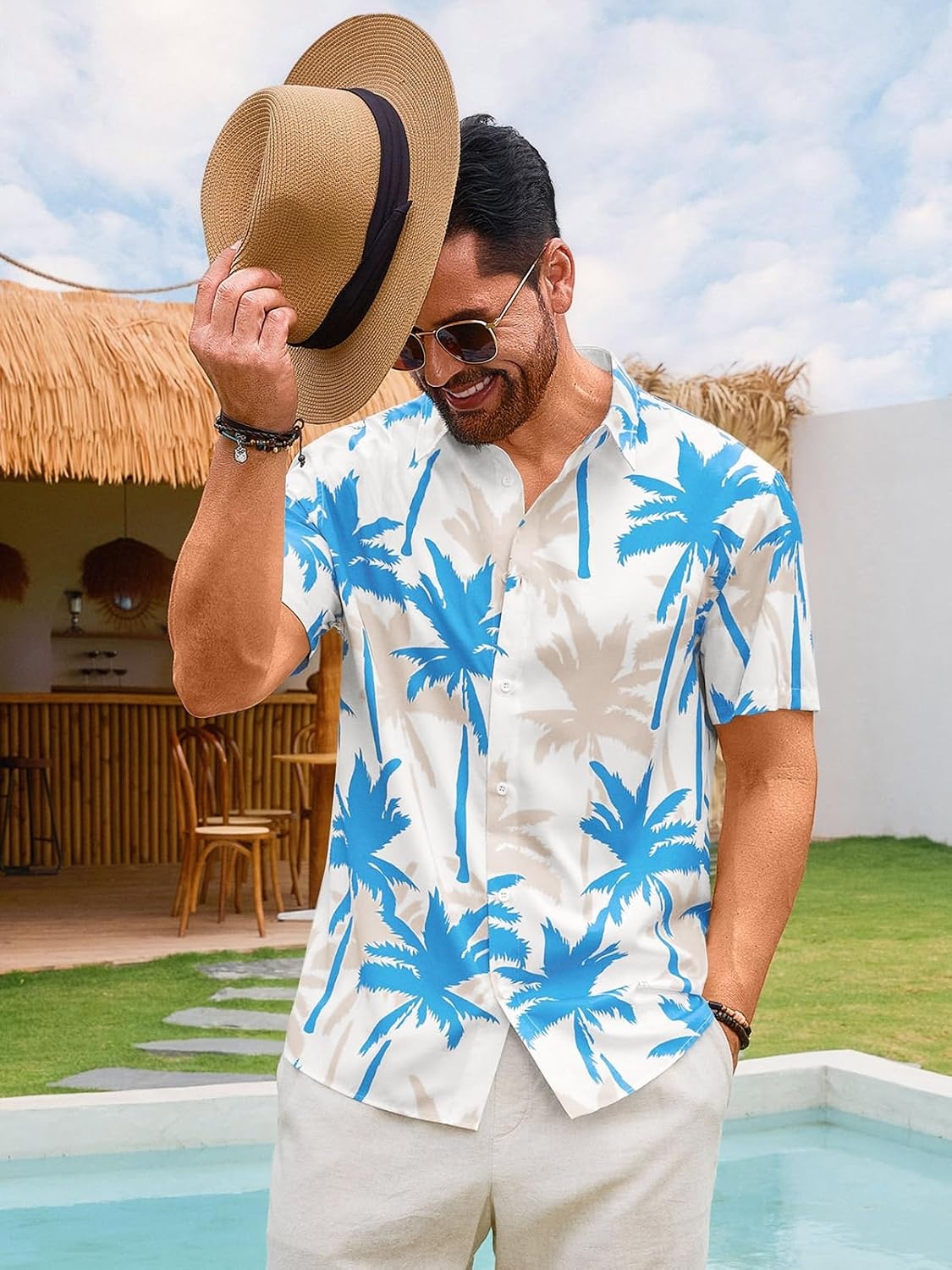 image:imageRuncati Mens Hawaiian Button Down Shirts Short Sleeve Tropical Shirt Graphic Palm Tree Printed Summer Beach TopsSky Blue
