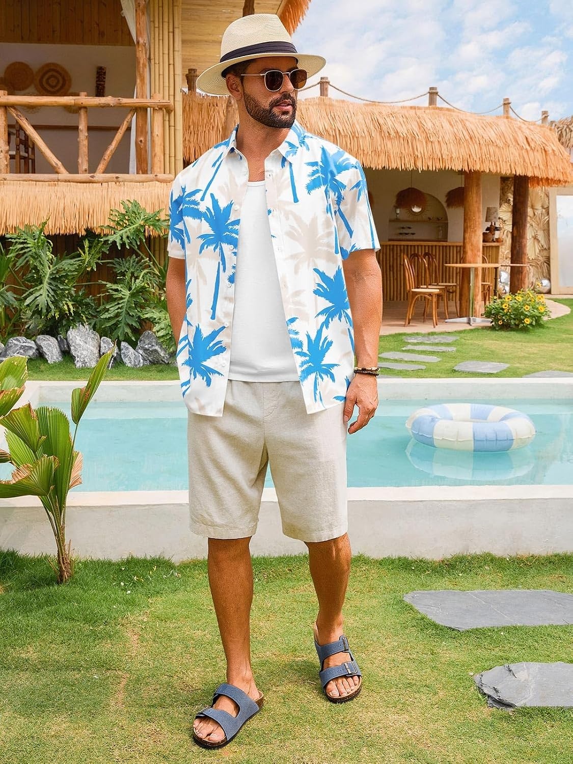 image:imageRuncati Mens Hawaiian Button Down Shirts Short Sleeve Tropical Shirt Graphic Palm Tree Printed Summer Beach TopsSky Blue