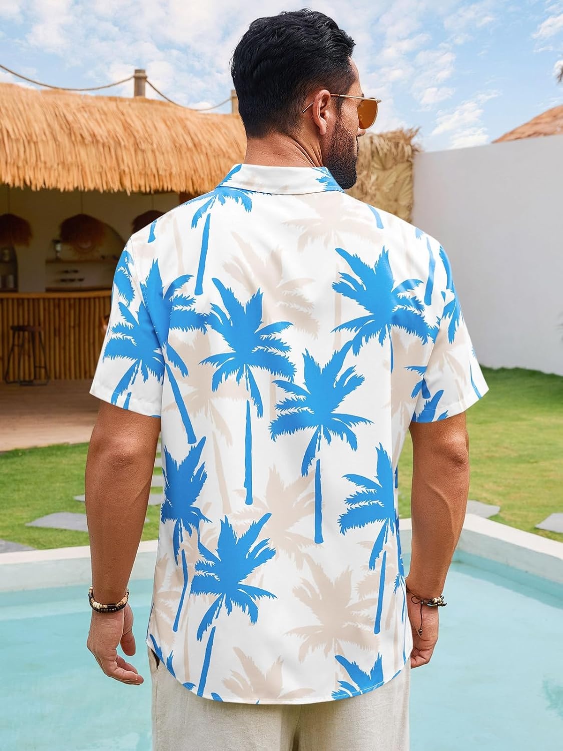 image:imageRuncati Mens Hawaiian Button Down Shirts Short Sleeve Tropical Shirt Graphic Palm Tree Printed Summer Beach TopsSky Blue
