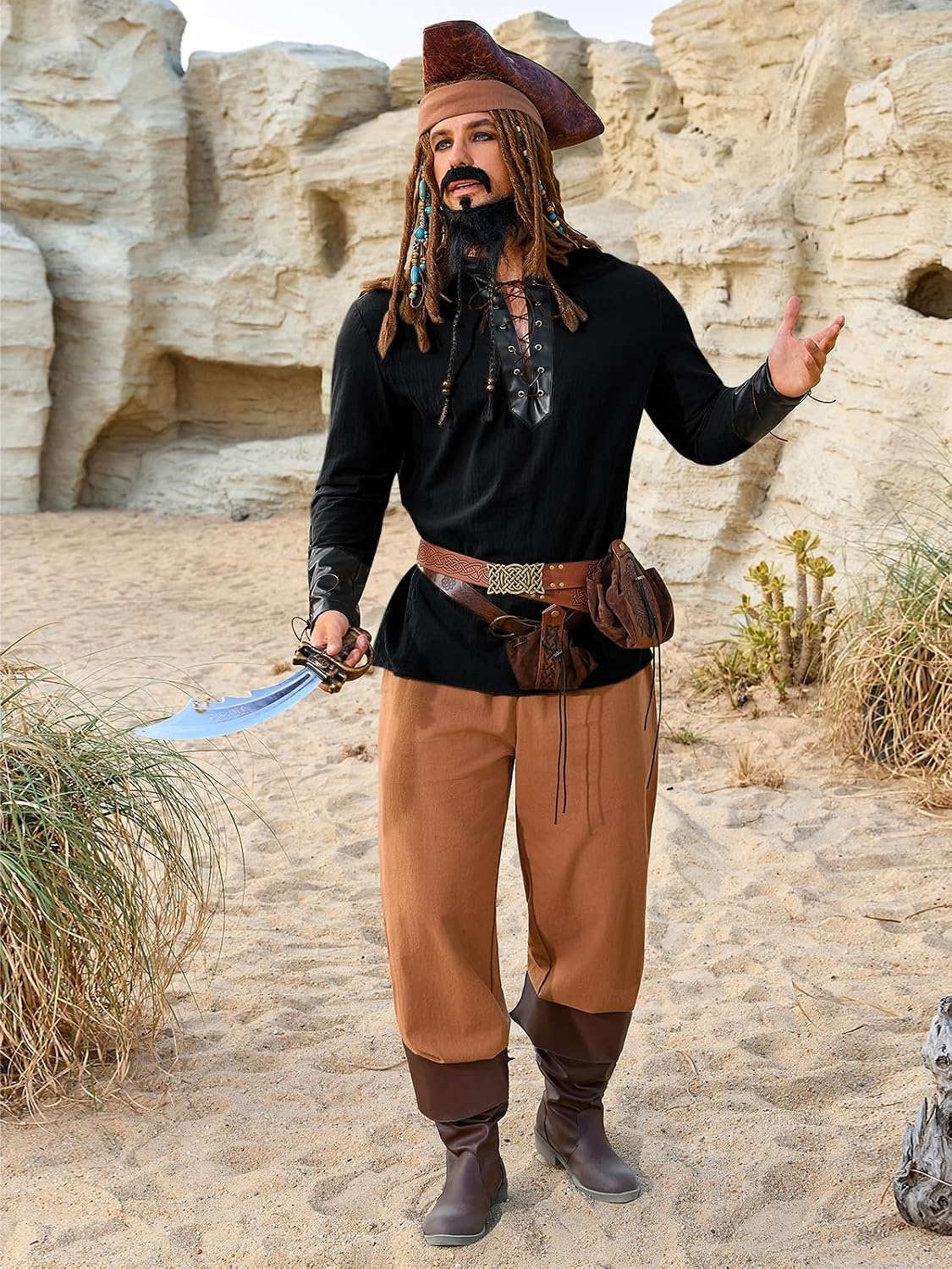 image:imageRuncati Mens Medieval Pirate Shirt Lace Up Faux Leather Viking Costume TopsBlack