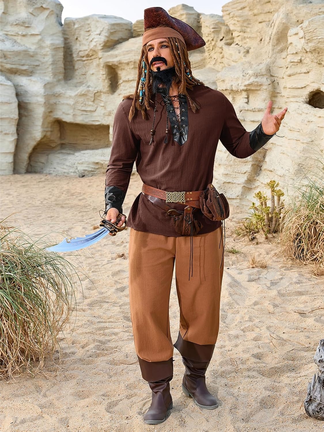 image:imageRuncati Mens Medieval Pirate Shirt Lace Up Faux Leather Viking Costume TopsBrown