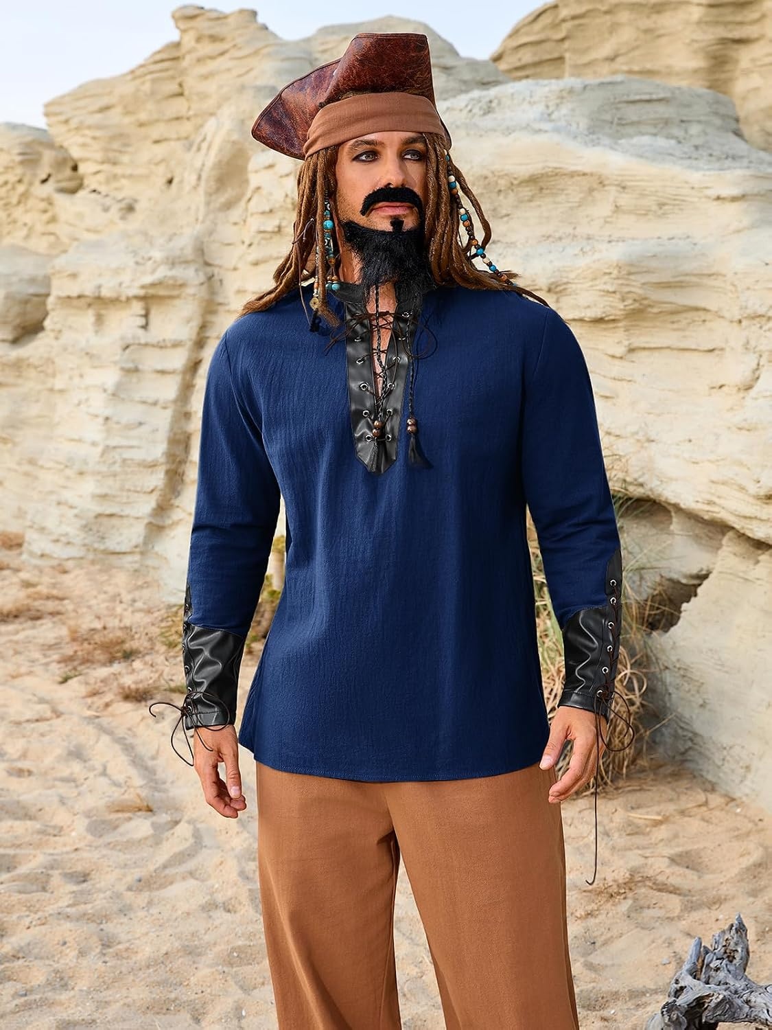 image:imageRuncati Mens Medieval Pirate Shirt Lace Up Faux Leather Viking Costume TopsNavy