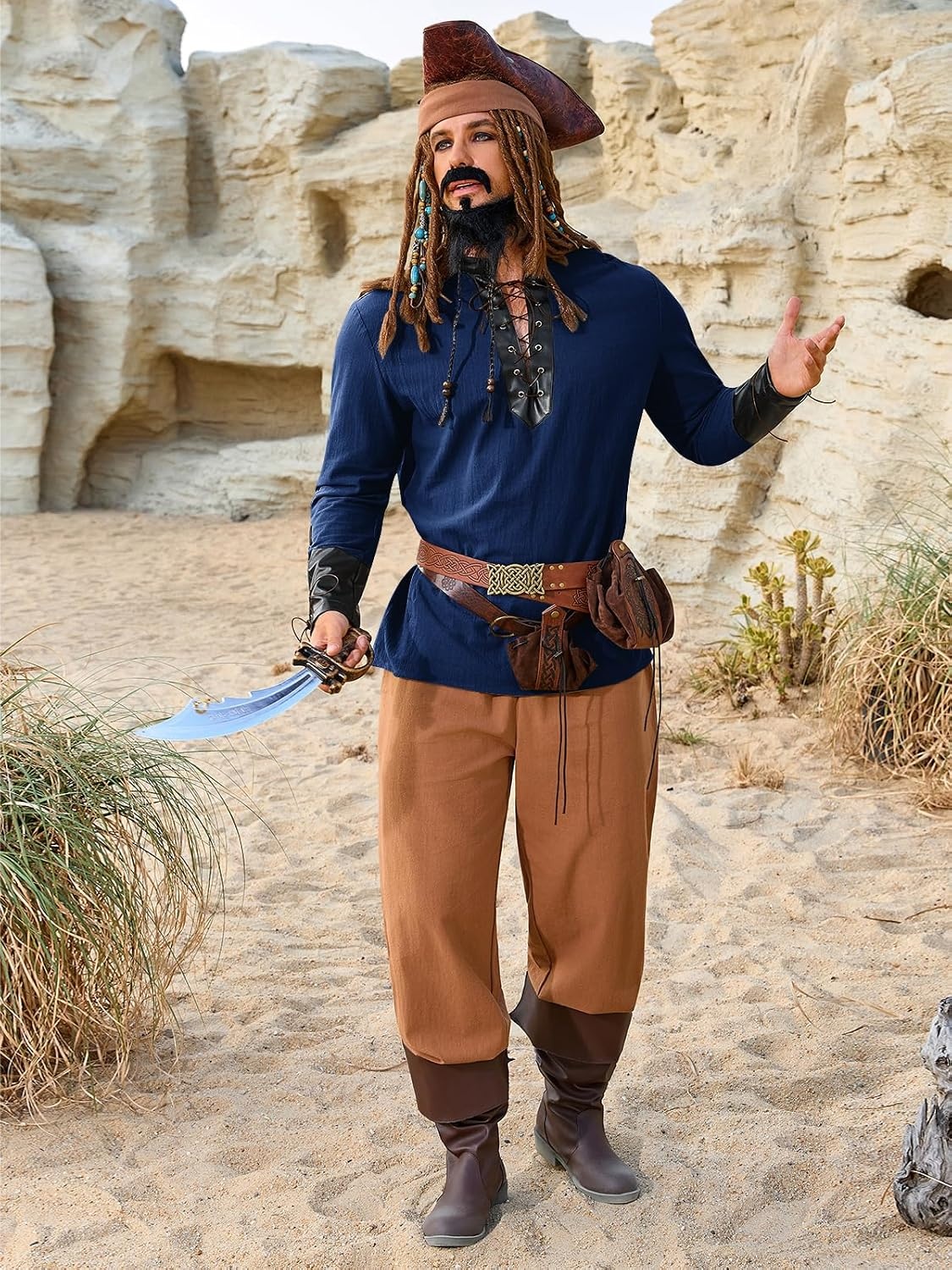 image:imageRuncati Mens Medieval Pirate Shirt Lace Up Faux Leather Viking Costume TopsNavy