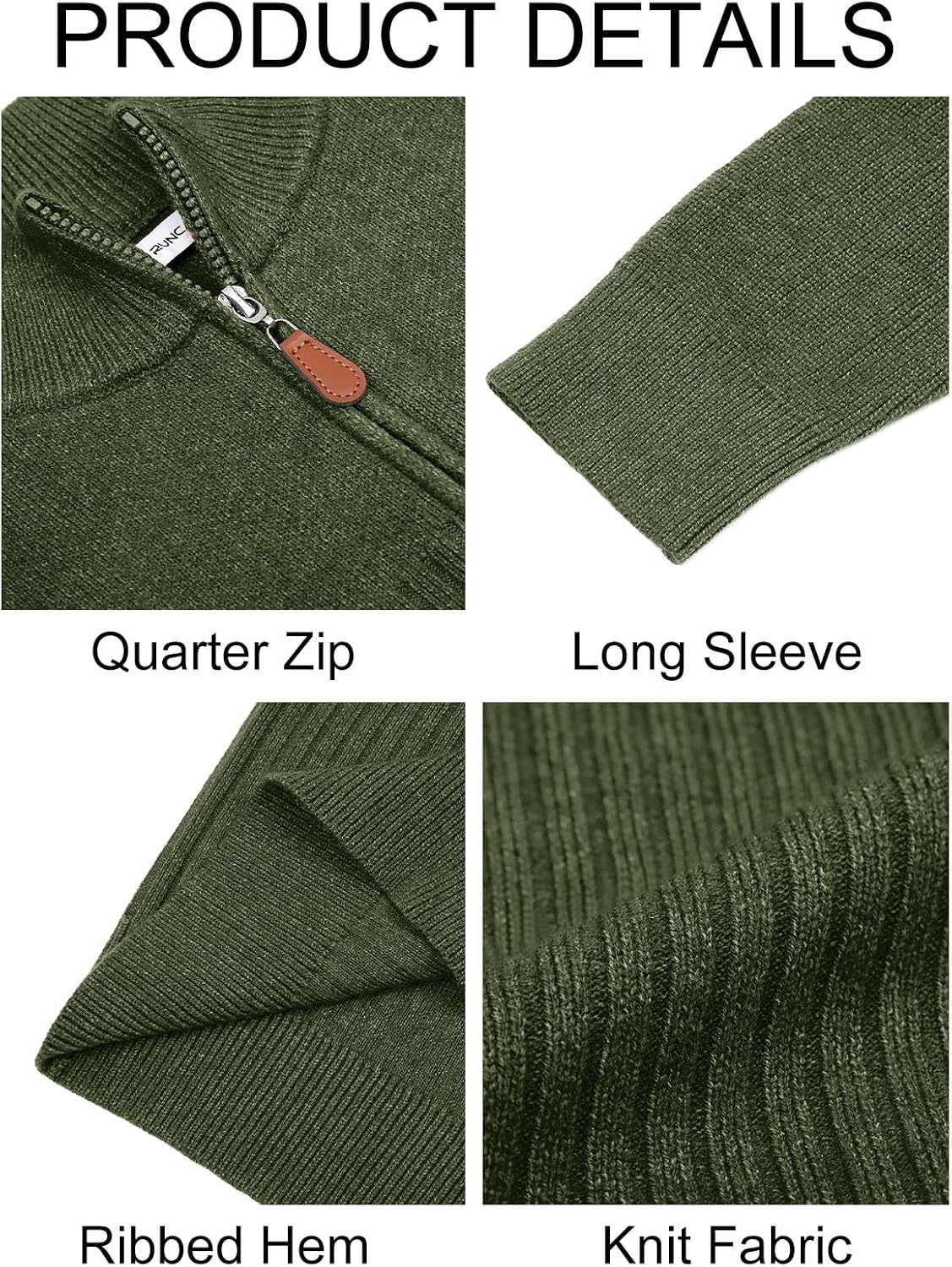 image:imageRuncati Mens Quarter Zip Sweater Mock Neck Pullover Casual Polo SweatersArmy Green