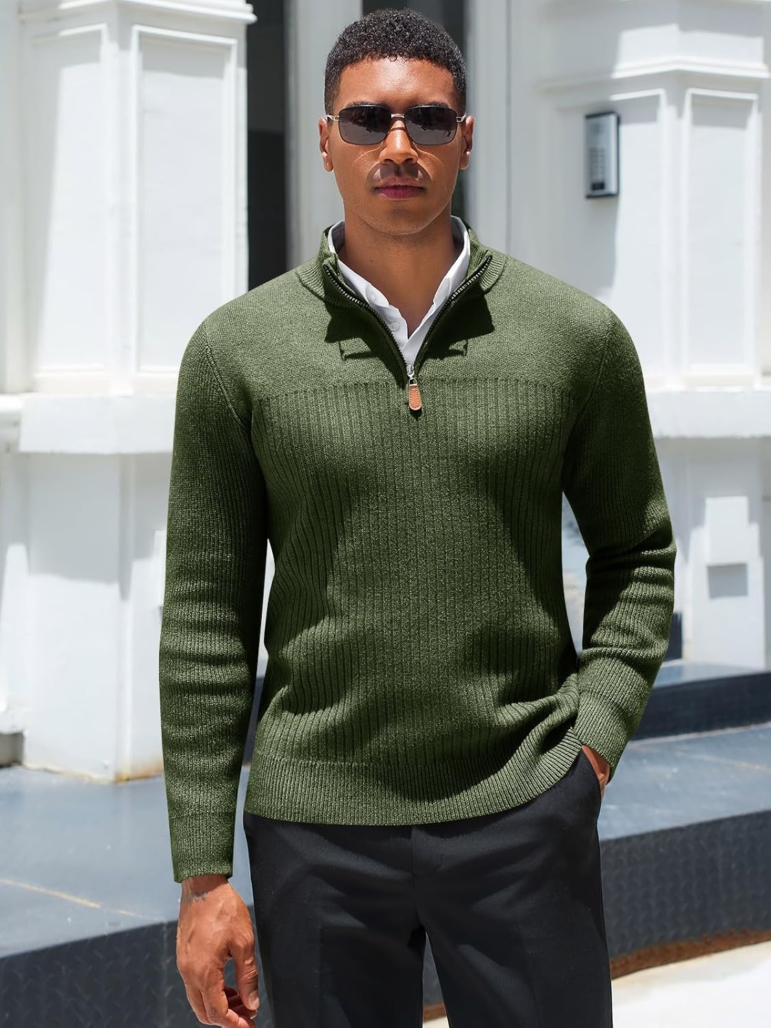 image:imageRuncati Mens Quarter Zip Sweater Mock Neck Pullover Casual Polo SweatersArmy Green