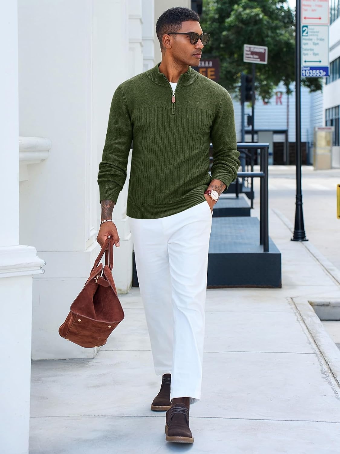 image:imageRuncati Mens Quarter Zip Sweater Mock Neck Pullover Casual Polo SweatersArmy Green
