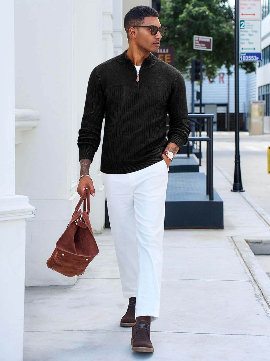 image:imageRuncati Mens Quarter Zip Sweater Mock Neck Pullover Casual Polo SweatersBlack