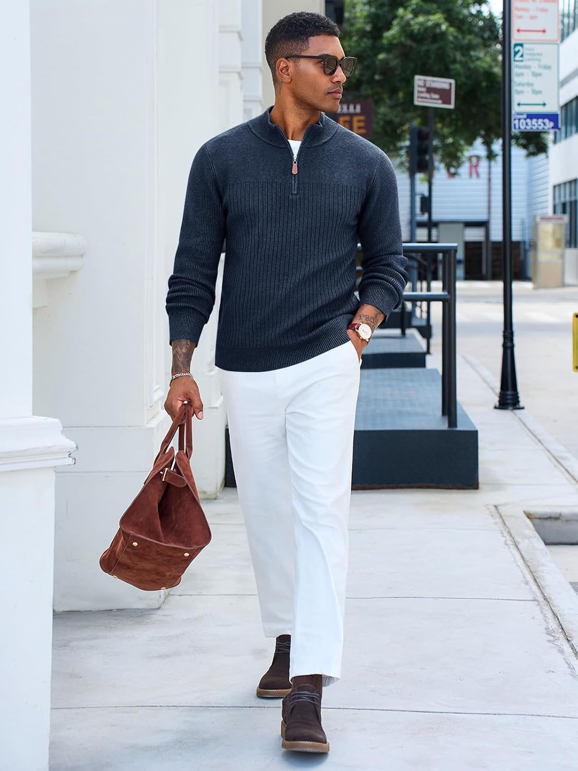 image:imageRuncati Mens Quarter Zip Sweater Mock Neck Pullover Casual Polo SweatersNavy