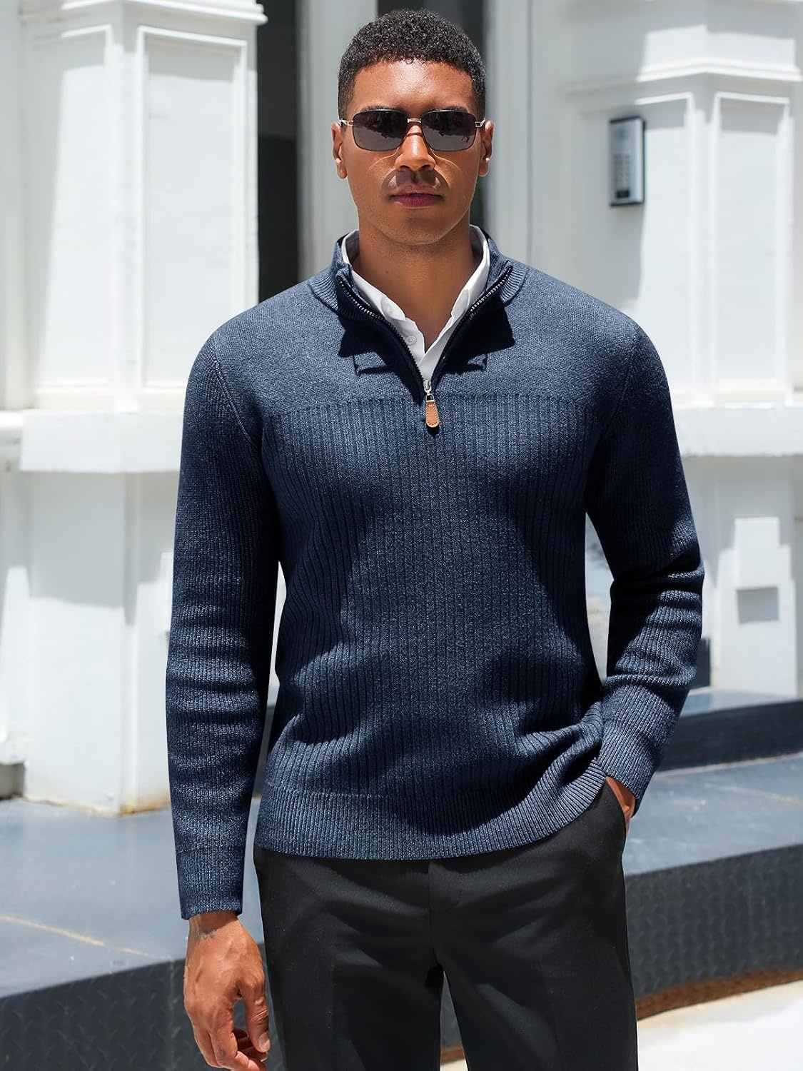 image:imageRuncati Mens Quarter Zip Sweater Mock Neck Pullover Casual Polo SweatersNavy