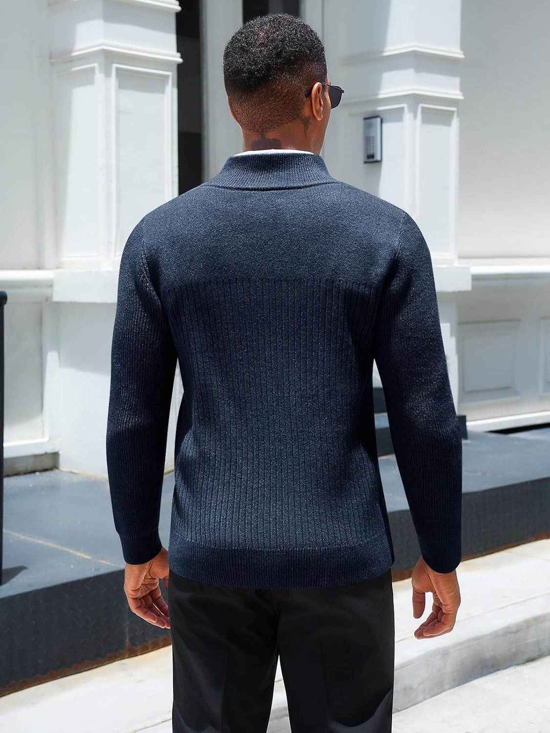 image:imageRuncati Mens Quarter Zip Sweater Mock Neck Pullover Casual Polo SweatersNavy