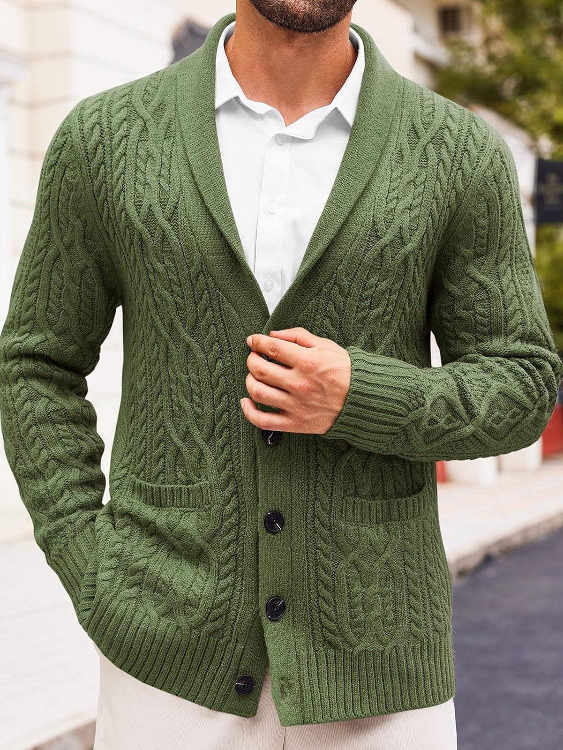 image:imageRuncati Mens Shawl Collar Cardigan Sweaters Cable Knit Button Down SweaterArmy Green
