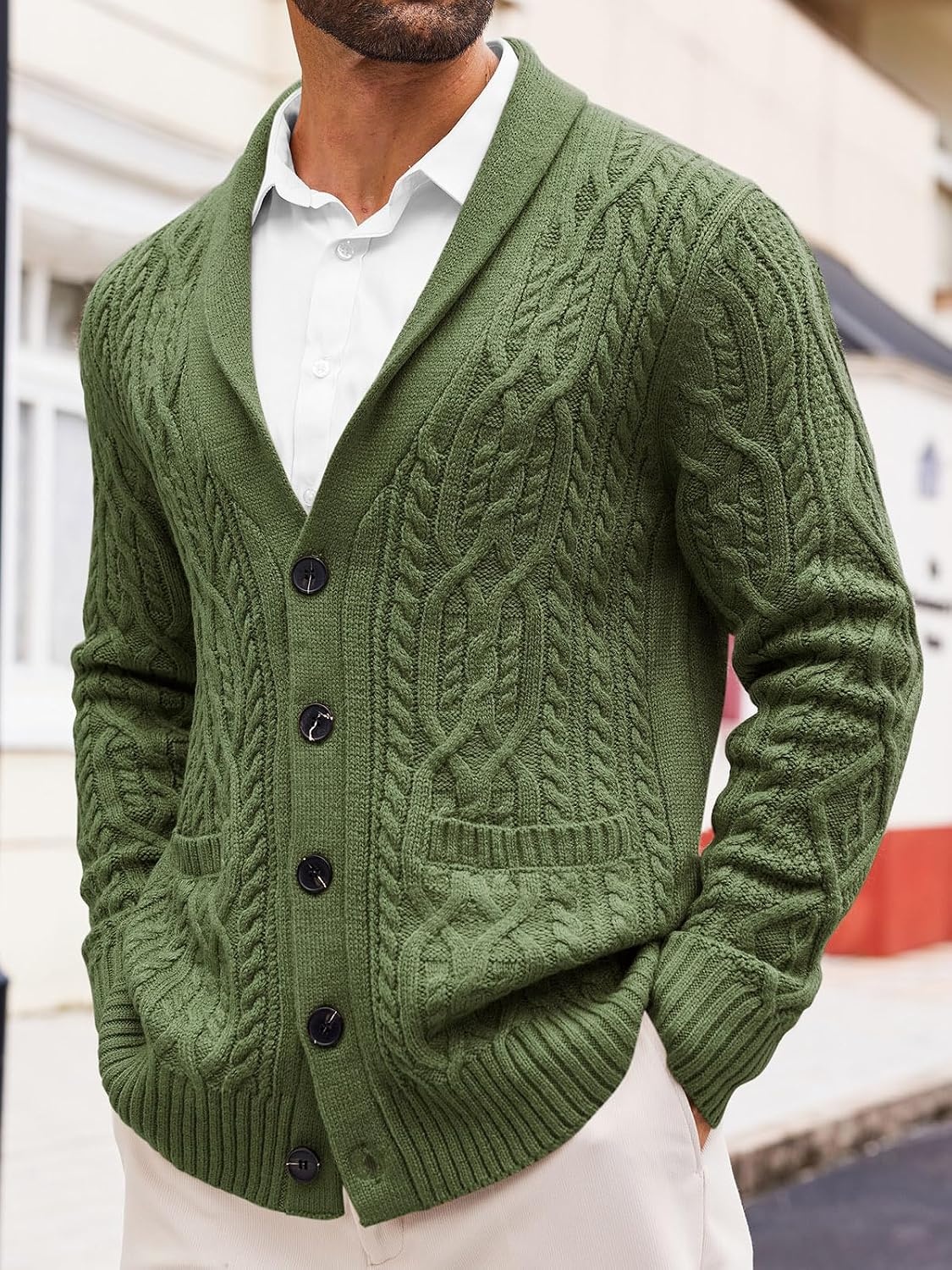 image:imageRuncati Mens Shawl Collar Cardigan Sweaters Cable Knit Button Down SweaterArmy Green