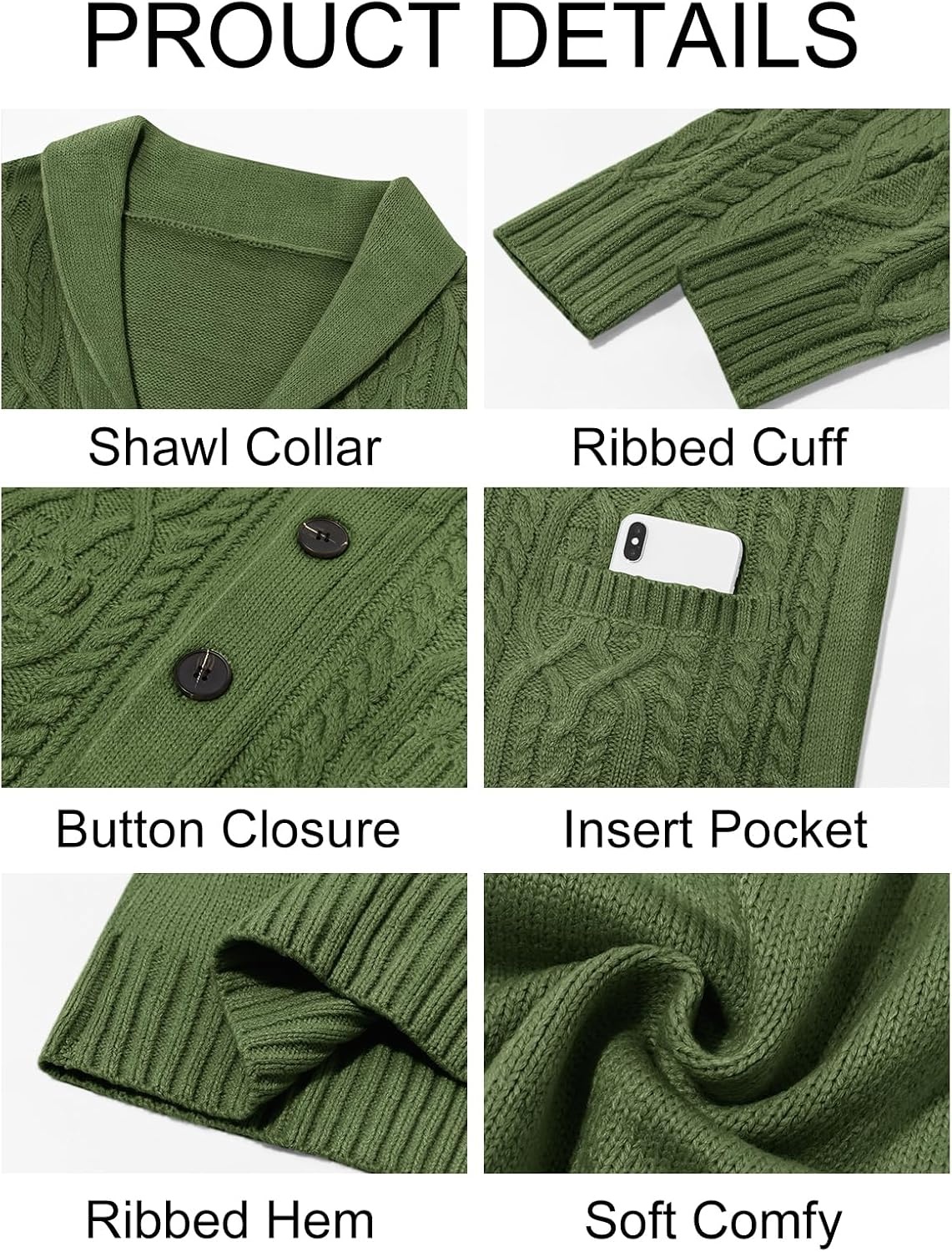 image:imageRuncati Mens Shawl Collar Cardigan Sweaters Cable Knit Button Down SweaterArmy Green
