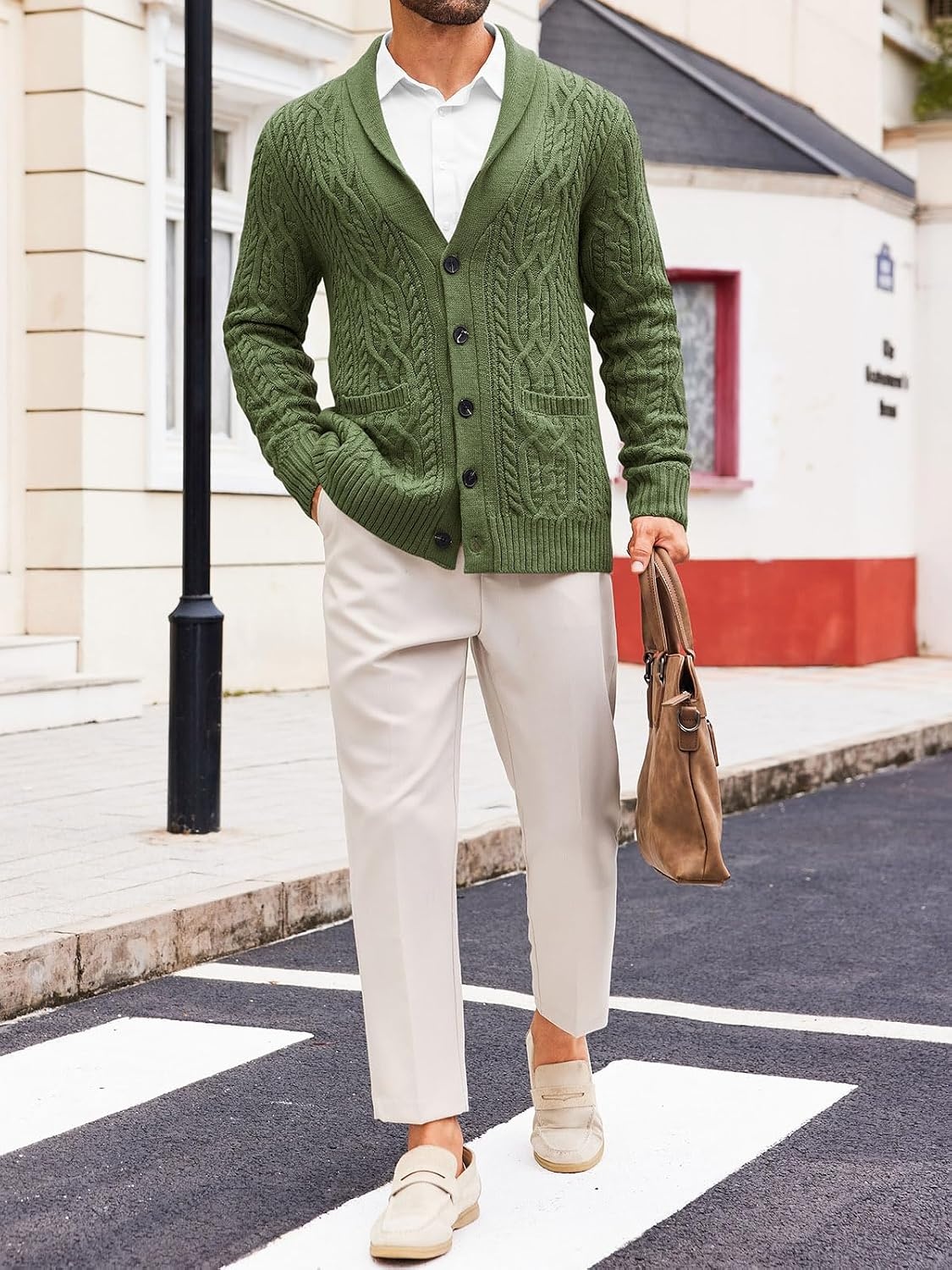image:imageRuncati Mens Shawl Collar Cardigan Sweaters Cable Knit Button Down SweaterArmy Green