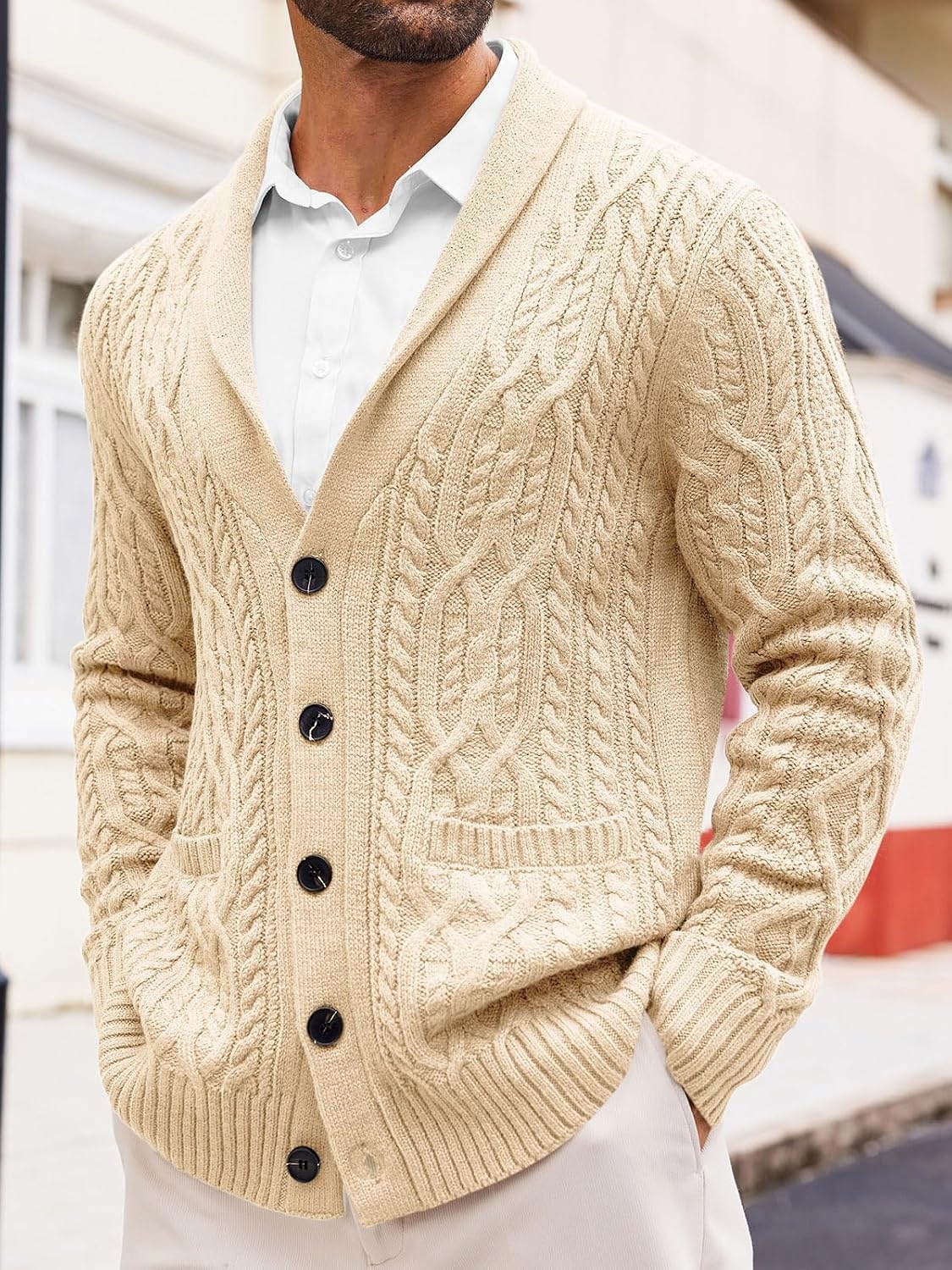 image:imageRuncati Mens Shawl Collar Cardigan Sweaters Cable Knit Button Down SweaterBeige