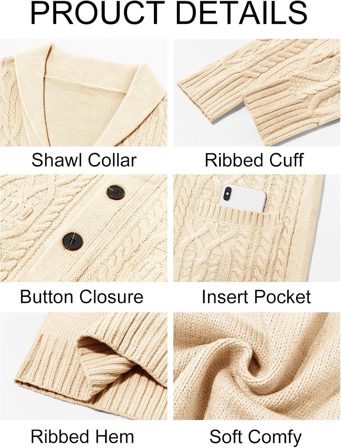 image:imageRuncati Mens Shawl Collar Cardigan Sweaters Cable Knit Button Down SweaterBeige